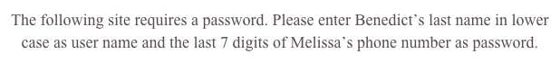 The following site requires a password. Please enter Benedict’s last name in lower case as user name and the last 7 digits of Melissa’s phone number as password.